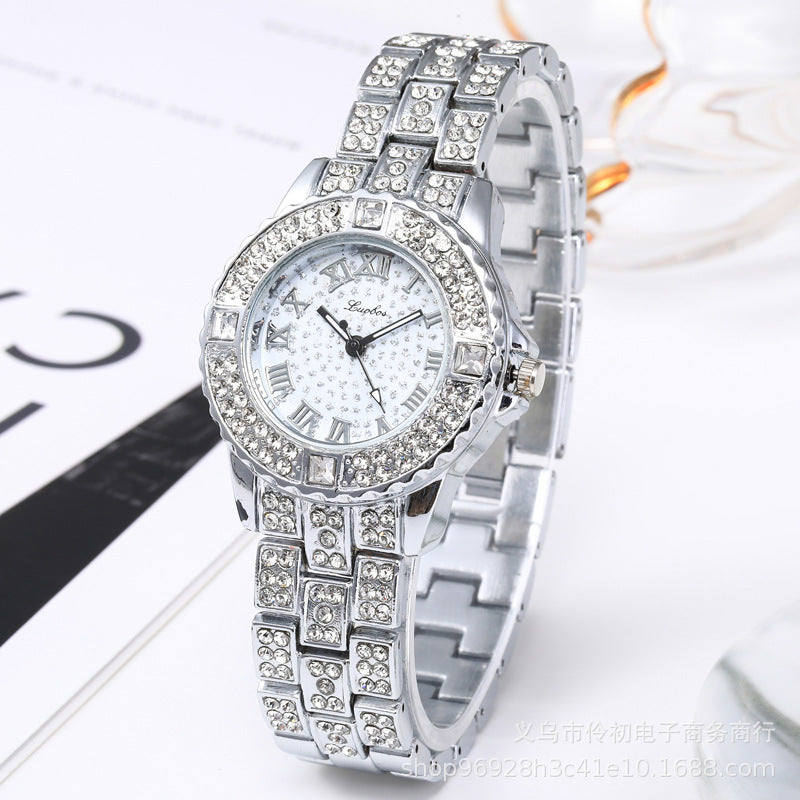 Full Diamond Roman Face Women's Watch Foreign Trade Suit Gift Steel Belt Watch Women's Bracelet Watch Fashion All-match Fashion Watch Gift