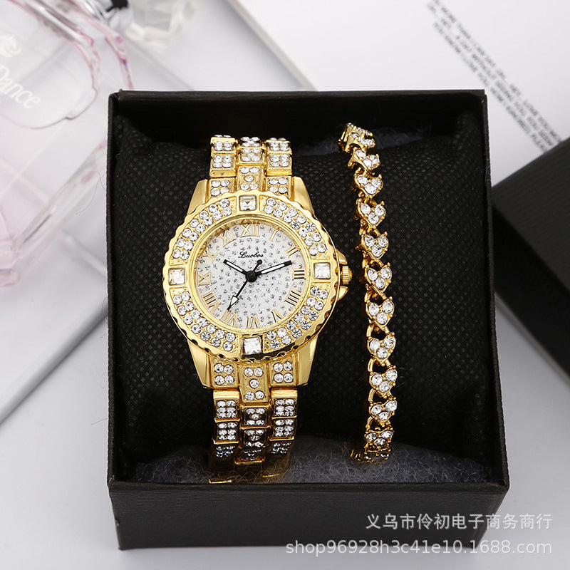 Full Diamond Roman Face Women's Watch Foreign Trade Suit Gift Steel Belt Watch Women's Bracelet Watch Fashion All-match Fashion Watch Gift