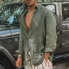 2024 Summer Men'S Casual Cotton Linen Shirt Long Sleeve Loose Blouse Button Breathable Top For Men