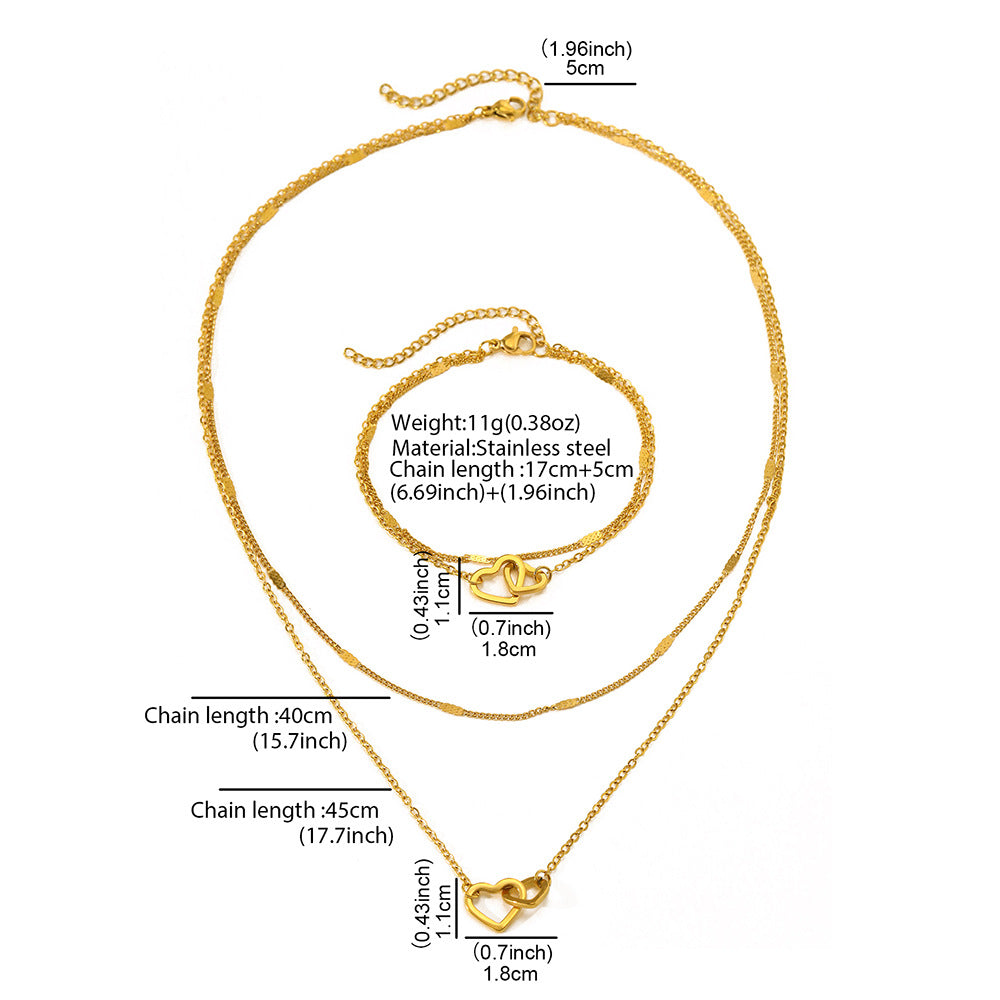 Stainless Steel Double Layer Design Peach Heart Design Bracelet Necklace Suit Fashion Collarbone Chain Valentine's Day Gift