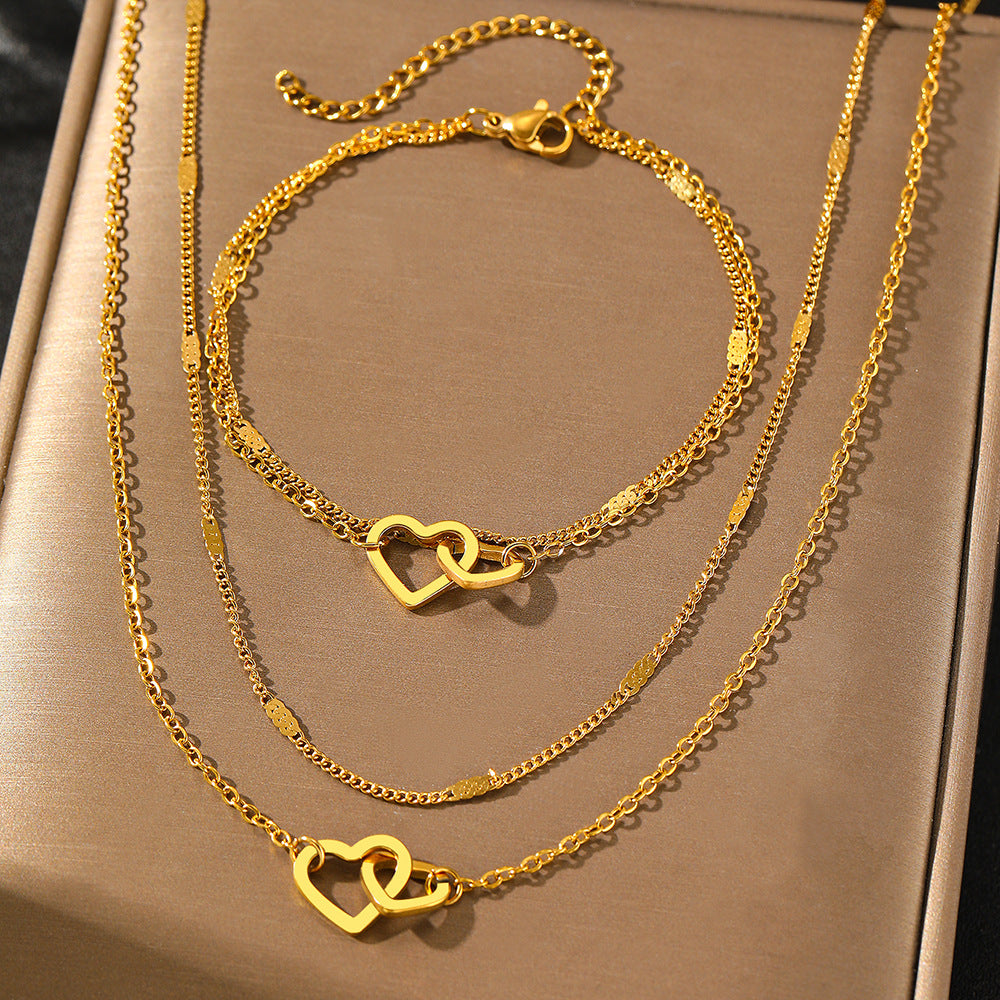 Stainless Steel Double Layer Design Peach Heart Design Bracelet Necklace Suit Fashion Collarbone Chain Valentine's Day Gift