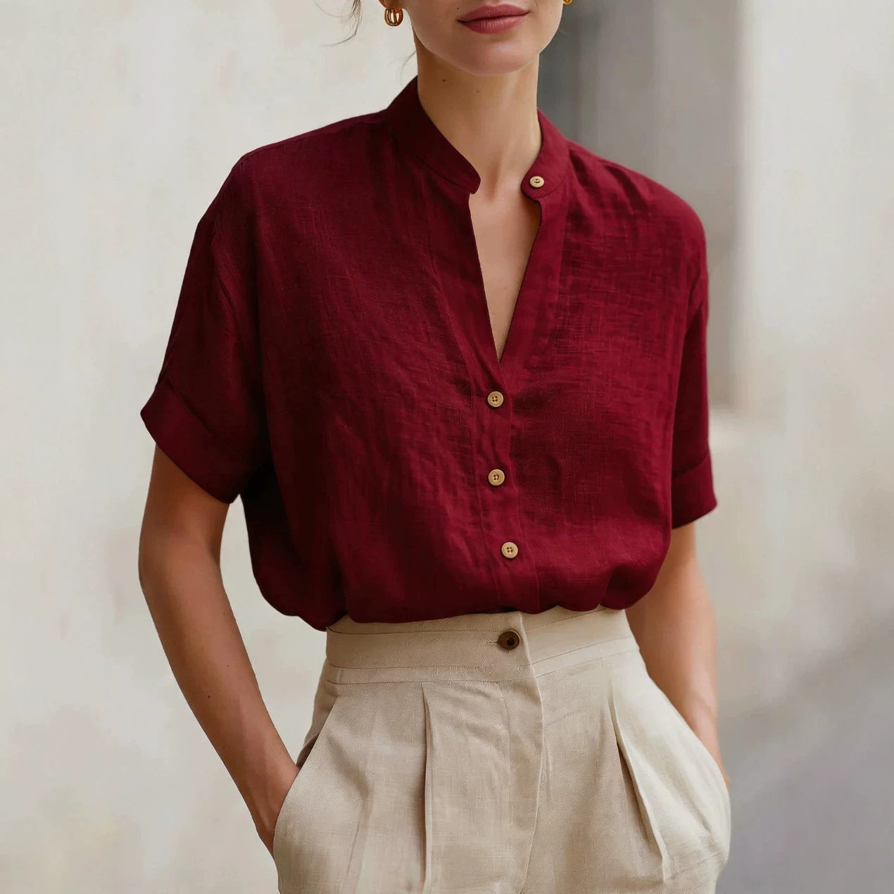Polyester V-neck Short-sleeve