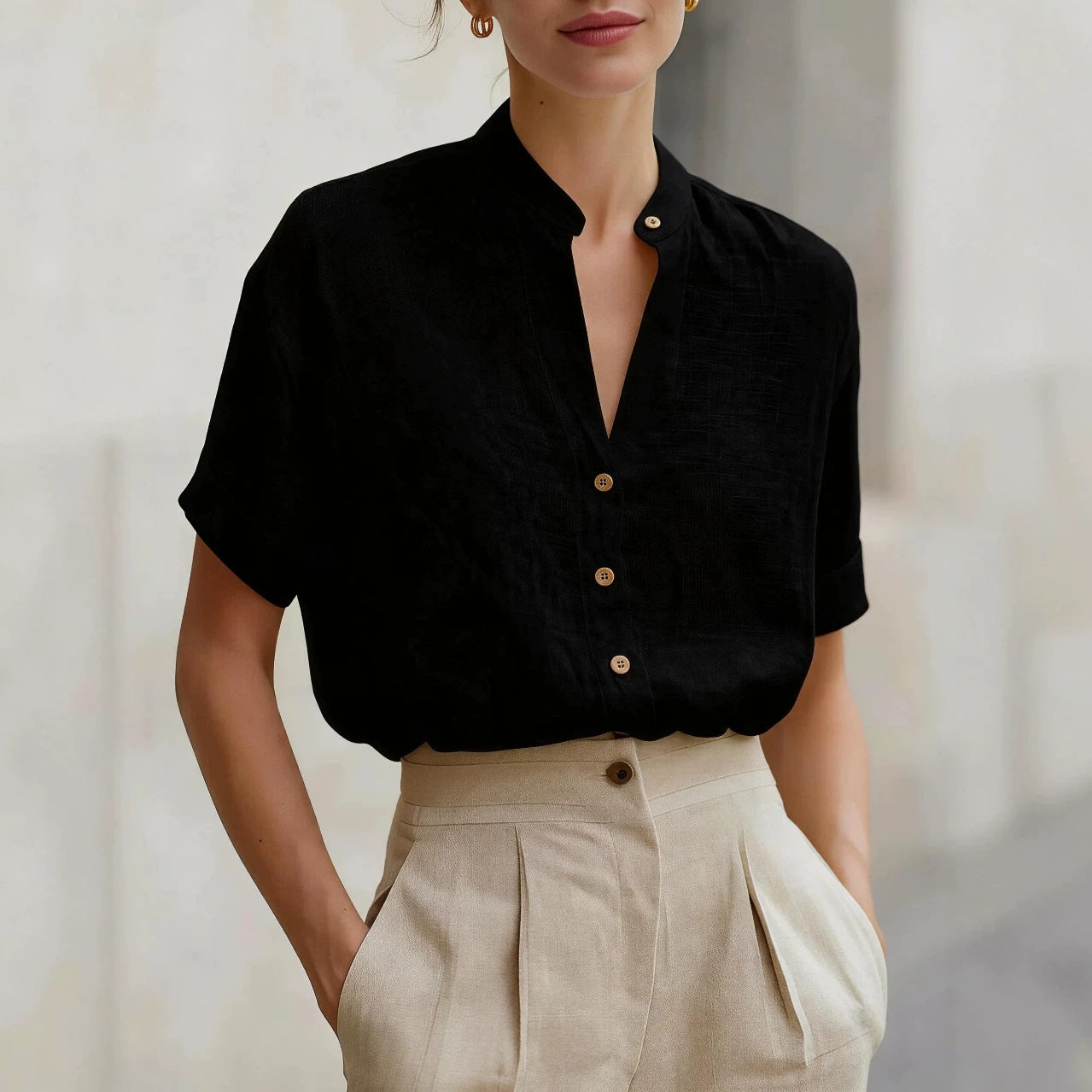 Polyester V-neck Short-sleeve
