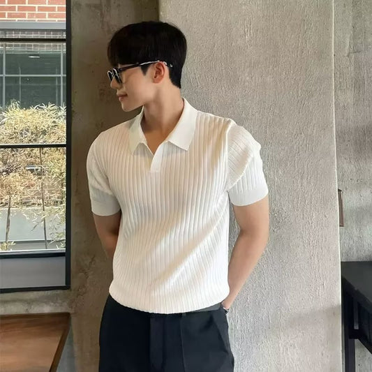Summer Ice Silk Men's Lapel POLO Short-sleeved T-shirt Thin Shirt Fashionable V-neck Striped Knitted Bottoming Shirt Men