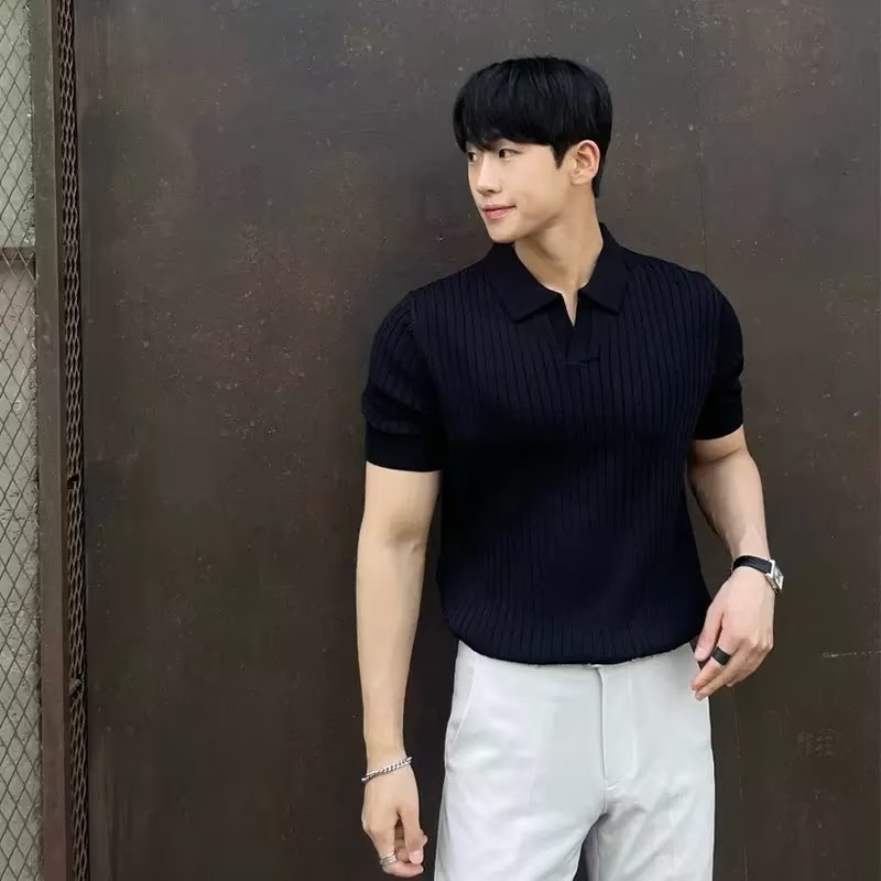 Summer Ice Silk Men's Lapel POLO Short-sleeved T-shirt Thin Shirt Fashionable V-neck Striped Knitted Bottoming Shirt Men