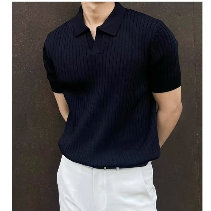 Summer Ice Silk Men's Lapel POLO Short-sleeved T-shirt Thin Shirt Fashionable V-neck Striped Knitted Bottoming Shirt Men