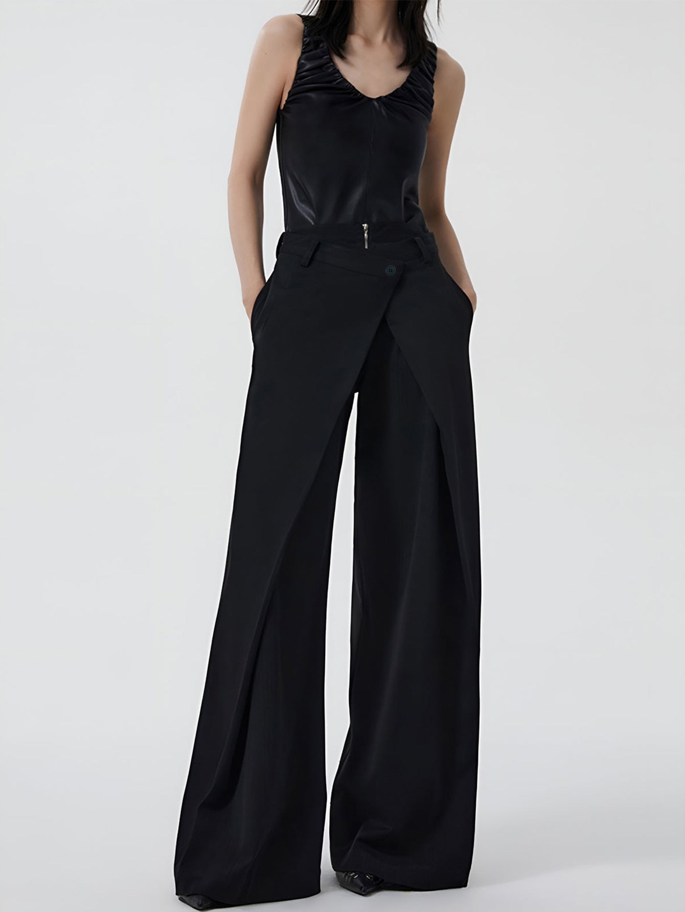Women's Clothing Irregular Long Pants Asymmetrical Layered Button Loose Wide-Leg Pants