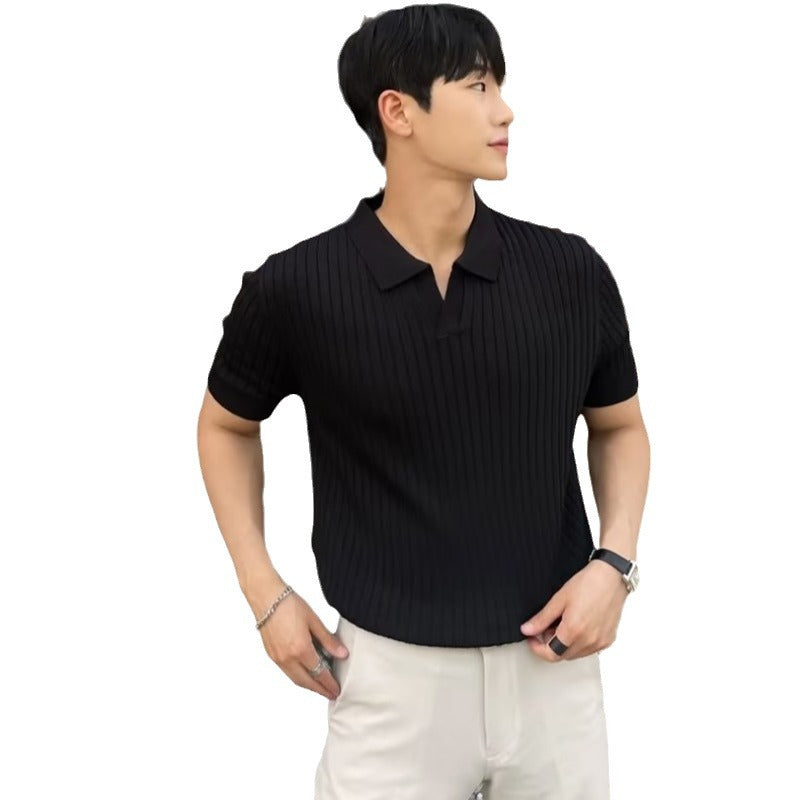 Summer Ice Silk Men's Lapel POLO Short-sleeved T-shirt Thin Shirt Fashionable V-neck Striped Knitted Bottoming Shirt Men