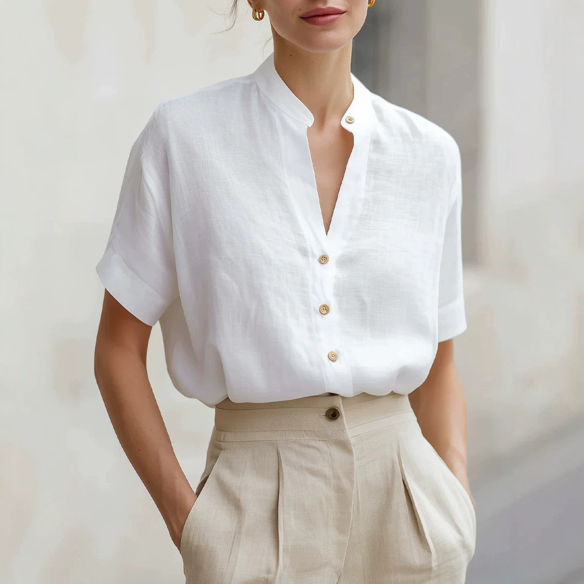 Polyester V-neck Short-sleeve