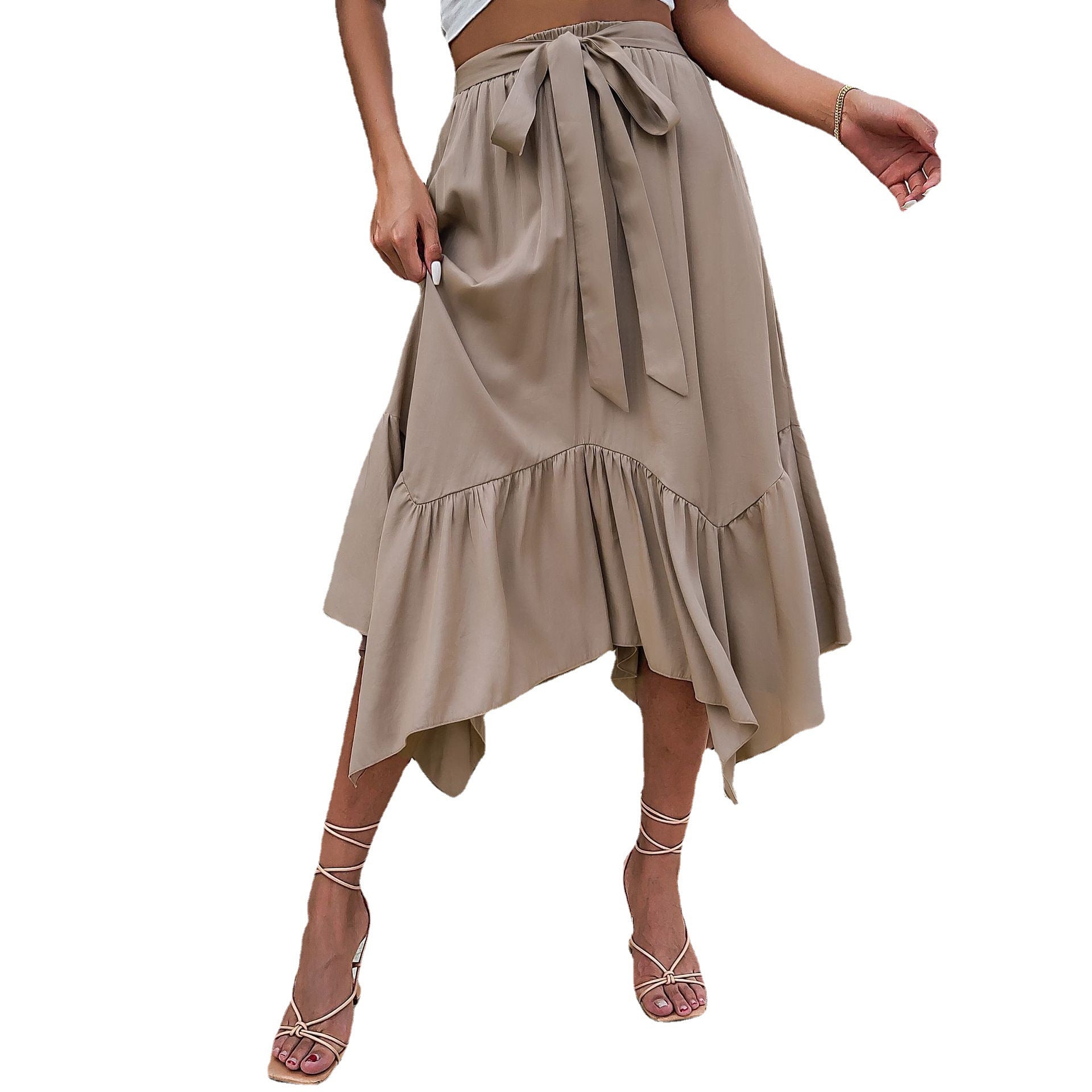 Summer New European And American Women's Mid-length Lace-up Irregular Splicing Pleated Skirt