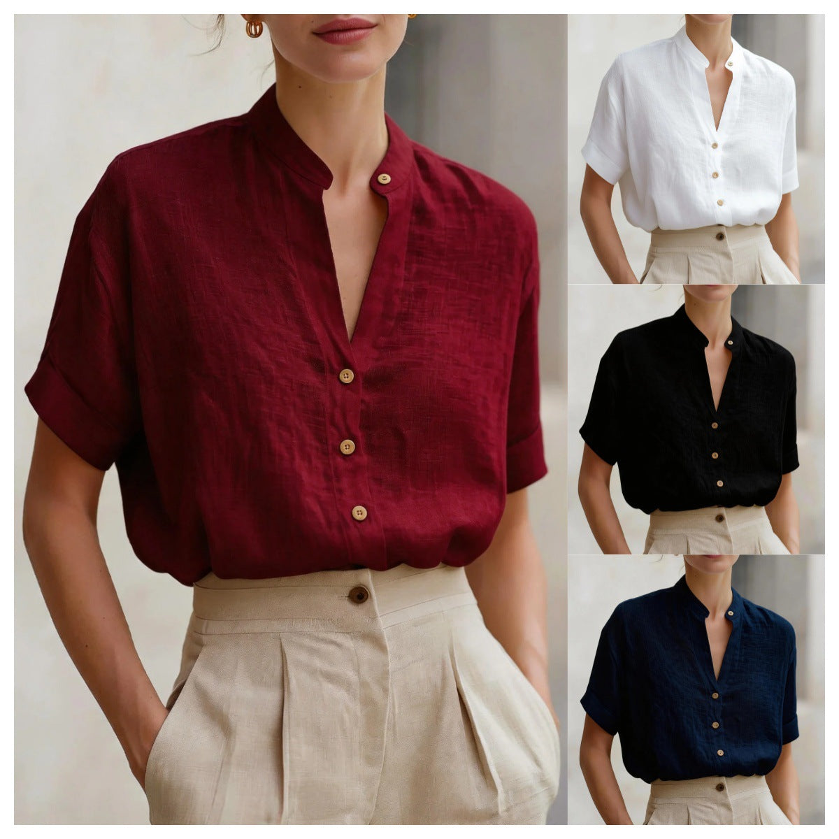 Polyester V-neck Short-sleeve