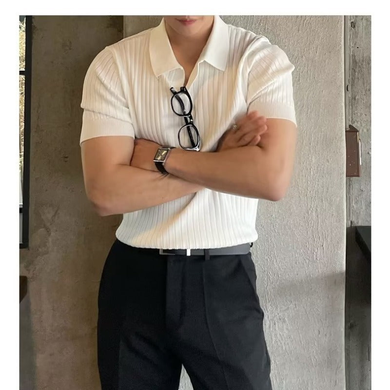 Summer Ice Silk Men's Lapel POLO Short-sleeved T-shirt Thin Shirt Fashionable V-neck Striped Knitted Bottoming Shirt Men