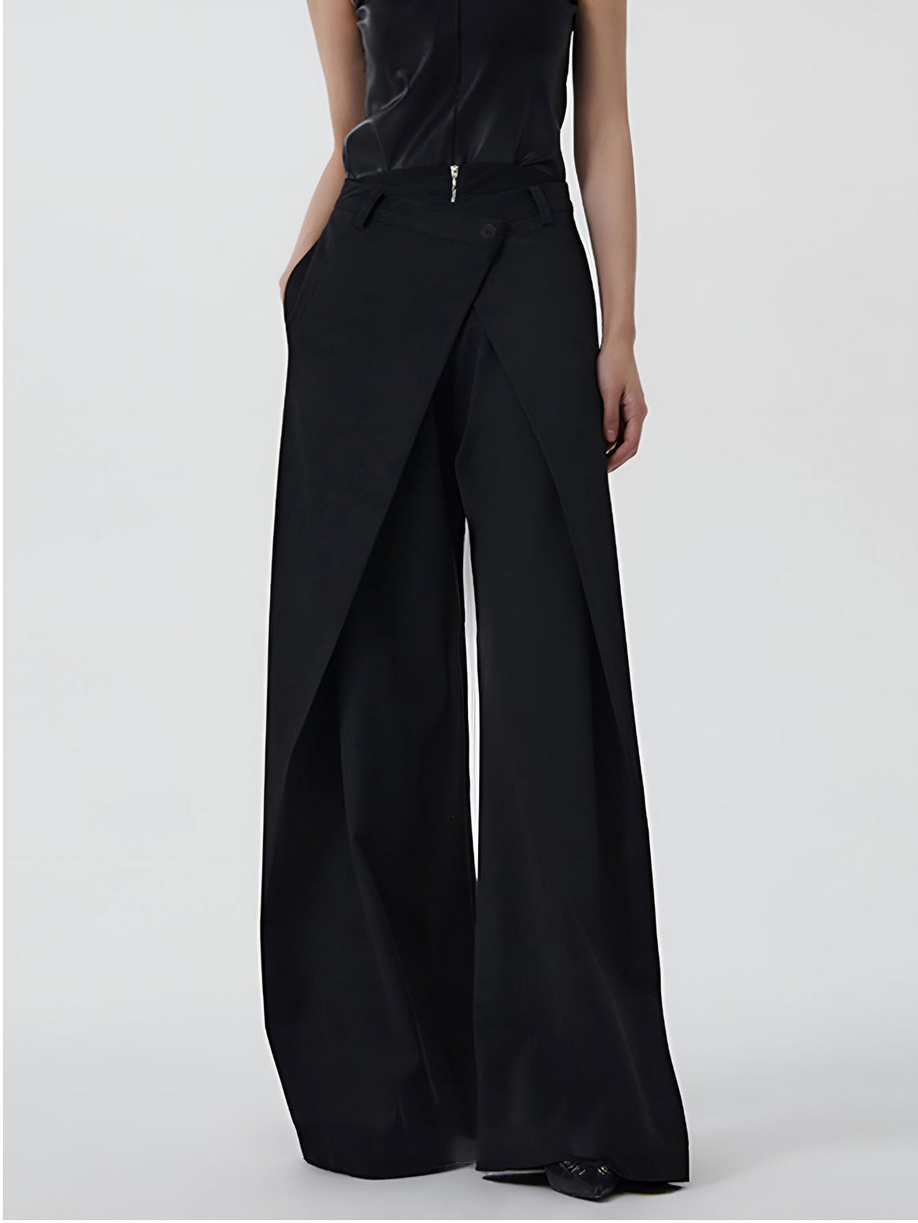 Women's Clothing Irregular Long Pants Asymmetrical Layered Button Loose Wide-Leg Pants